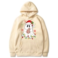 Beige Christmas ghost print hoodie with drawstring hood and kangaroo pocket for couples - Khaki