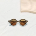 Detailed top view of leopard print and light blue round frame kids sunglasses with UV400 lenses - Leopard Blue