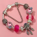 Silver-plated DIY charm bracelet with pink crystal beads and butterfly tree charms - Sl023318/1216-7