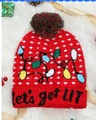Red Christmas knit beanie with Let's Get Lit embroidery and dark faux fur pompom - Christmas Lamp Pattern
