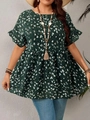 Blusa da donna verde scuro con stampa floreale, maniche a pieghe e scollo rotondo ampio - S / Verde