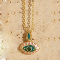 Golden Evil Eye necklace with peacock blue enamel and a sparkling green zircon center stone - Green
