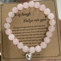 Pink zebra jasper beaded bracelet with silver heart charm on inspirational gift card - 04 Rose Quartz Heart With Card