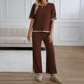 Deep brown knit set with short sleeves, wide-leg trousers and contrast beige trim - S / Brown