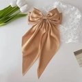 Elegant champagne gold satin oversized bow hair clip with long streamers on lace - Champagne