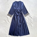 Deep blue satin long bathrobe with grey lace sleeves and waist tie for women - S / Navy Blue