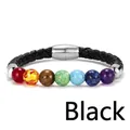 Seven chakra stone beads braided leather bracelet with silver magnetic buckle in black - Braided Leather Cord / Black/7 Chakra/Magnetic Clasp