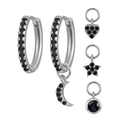 Detail of S925 silver earring set with black stones and moon star heart charms - Black Zircon Silver
