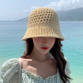 Chapeau cloche au crochet pour femme en beige pour protection solaire d'été - Taille unique / Poche zippée