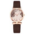 Women's quartz watch with brown leaf print dial and dark brown leather strap - Coffee
