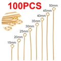 Pack of 100 gold plated stainless steel T-pins and eye pins in assorted 15-50mm sizes - Eye Pin / 15mm / Gold