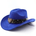Detail of royal blue suede cowboy hat with vintage leather band and heart rhinestone buckle - M (56-58cm) / Sapphire Blue
