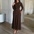 Elegant deep brown knit long dress with gold button details and a professional fit - S / Brown