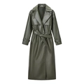 Gabardina clásica de cuero sintético verde para mujer con cinturón y cuello de solapa - S / Verde Militar