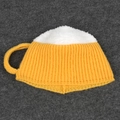 Top view of creative beer mug shaped knit hat with white plush foam and yellow handle - One Size / Yellow