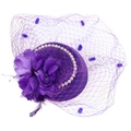 Elegante cappello fascinator viola con piume, perle e velo a rete per cerimonie e spose - Viola