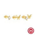 Minimalist S925 sterling silver butterfly and zircon earring set in golden finish - Butterfly/Zirconia Combo / Gold - 3Pcs Set