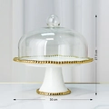 White ceramic cake stand with gold bead trim and glass dome lid, 30cm diameter - 12 Inch Cake Stand with Glass Lid