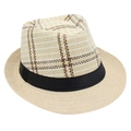 Detail of checkered woven fedora hat with a black satin ribbon on plain white background - One Size / Beige