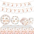 Bohemian rainbow party set with Happy Birthday banner, plates, cups and tablecloth - Bohemian Party Set