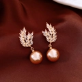 Macro detail of 18K gold leaf earrings with crystals and champagne pearls on silk - Wheat Pearl Pendant Style / Champagne Gold (Silver Earring Post Real Gold Plated)