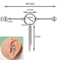 Stainless steel industrial barbell earring with triple chains and cross pendant - Twisted Ring With Chain