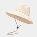 Minimalist beige wide brim cotton bucket hat with adjustable windproof drawstring strap - Beige