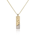 Close-up of a two-tone rectangular pendant with gold hammered texture and smooth silver - Letter I