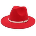 Detail of red wool felt fedora hat featuring a white leather belt and gold buckle - M (56-58cm) / Red (White Belt)