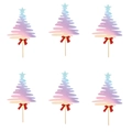 Pink and blue gradient Christmas tree cake toppers with red bows and stars, set of six - Gradient Pink Blue