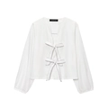Women's white long-sleeve blouse featuring black contrast bow ties and lantern sleeves - White