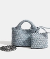 Ensemble cabas en denim tressé bleu clair avec petite pochette et bandoulière chaîne - Double poignée mini / Bleu clair