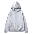 Flat lay of light grey zip-up hoodie showing full zipper, pockets and ribbed cuffs - Light Gray