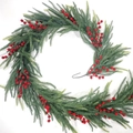 Close-up of Norfolk pine garland with red berries and a hanging hook for Christmas decor - 【1.8m】Dense Norfolk Garland with Red Berries