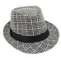 Close-up of black and white plaid woven fedora with a smooth black satin ribbon band - Black