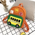 Vibrant orange and green canvas toddler backpack with cute yellow bus motif and embroidery - Orange