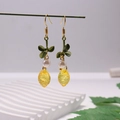 Yellow lemon earrings with white pearl and green leaf accents in golden hooks - Frosted Yellow Lemon Pearl (FN1018-3)