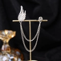 Vintage silver double piercing earring with rhinestone wings and hanging chains - Silver