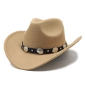 Ethnic style khaki felt western cowboy hat with silver concho band and curved brim - M (56-58cm) / Camel