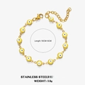 Gold stainless steel bracelet with thirteen yellow evil eye charms and lobster clasp - Yellow
