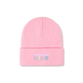 Détail du bonnet en tricot rose avec quatre ours colorés et texte japonais brodé - M (56-58cm) / Rose