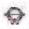 Silver Christmas wreath nipple ring with green enamel leaves and red rhinestones - Single Piece Price / Christmas Wreath Style (#3)