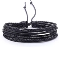 Men's stylish multilayer black leather woven bracelet with adjustable cord closure - 3 Round Strips 5 Threads / Black