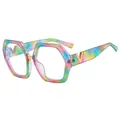 Rainbow gradient hexagon eyeglass frames with glitter finish and gold V metal logo detail - Rainbow