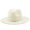 Dettaglio di cappello in paglia con perle, strass e paillettes iridescenti lucide - M (56-58cm) / Bianco Crema