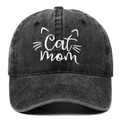 Cappellino da baseball vintage in cotone lavato nero con ricamo bianco Cat Mom - Nero