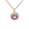 Golden sunflower necklace with pink gemstone and zircon crystals on a minimalist chain - Orange