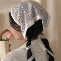 Floral cotton bandana with white lace trim and blue pink flower pattern for women - 87# Hairband - Floral Lace Bandana Style