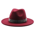 Detail of burgundy fedora hat with snakeskin band and gold stud on wool felt fabric - Burgundy