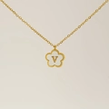 18K gold titanium steel clover necklace featuring white shell inlay and gold letter V charm - Letter V